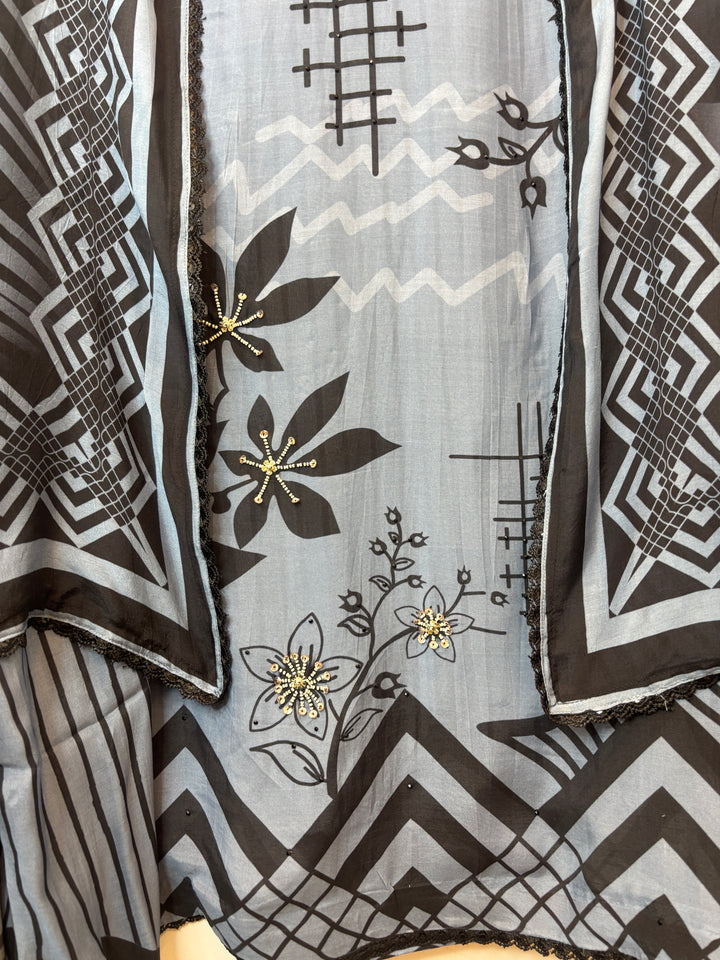 Blue Muslin Digital Printed Suit Set with Pearl &amp; Sequin Work
