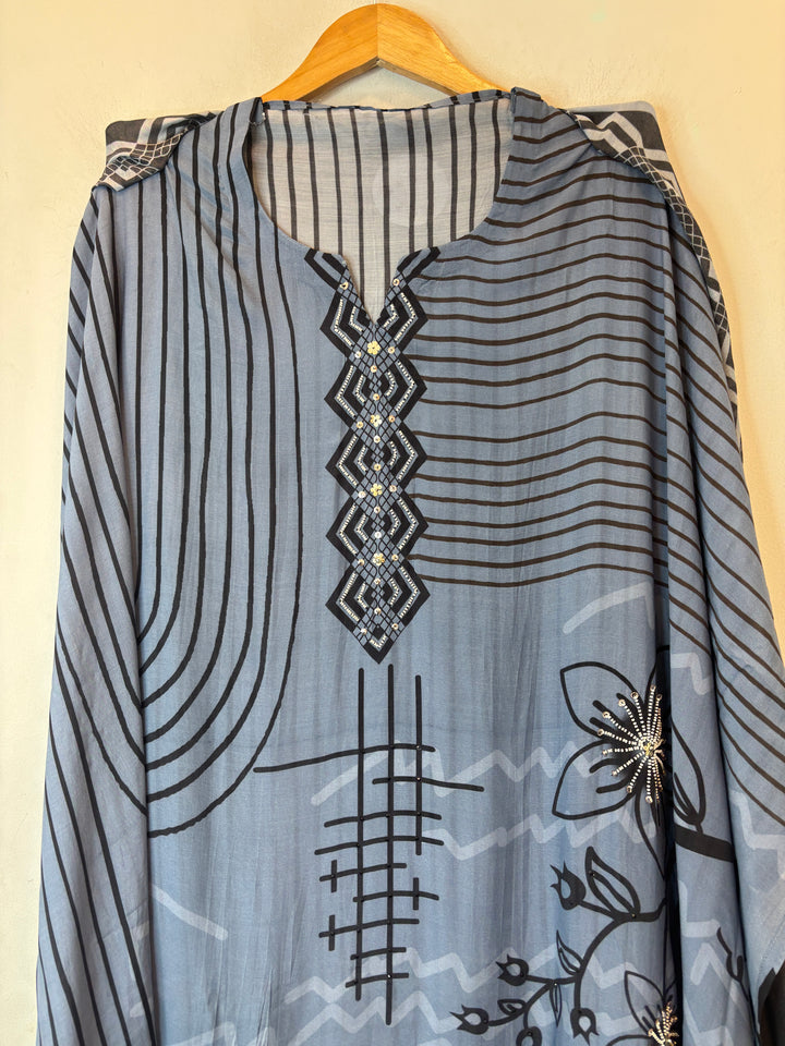 Blue Muslin Digital Printed Suit Set with Pearl &amp; Sequin Work