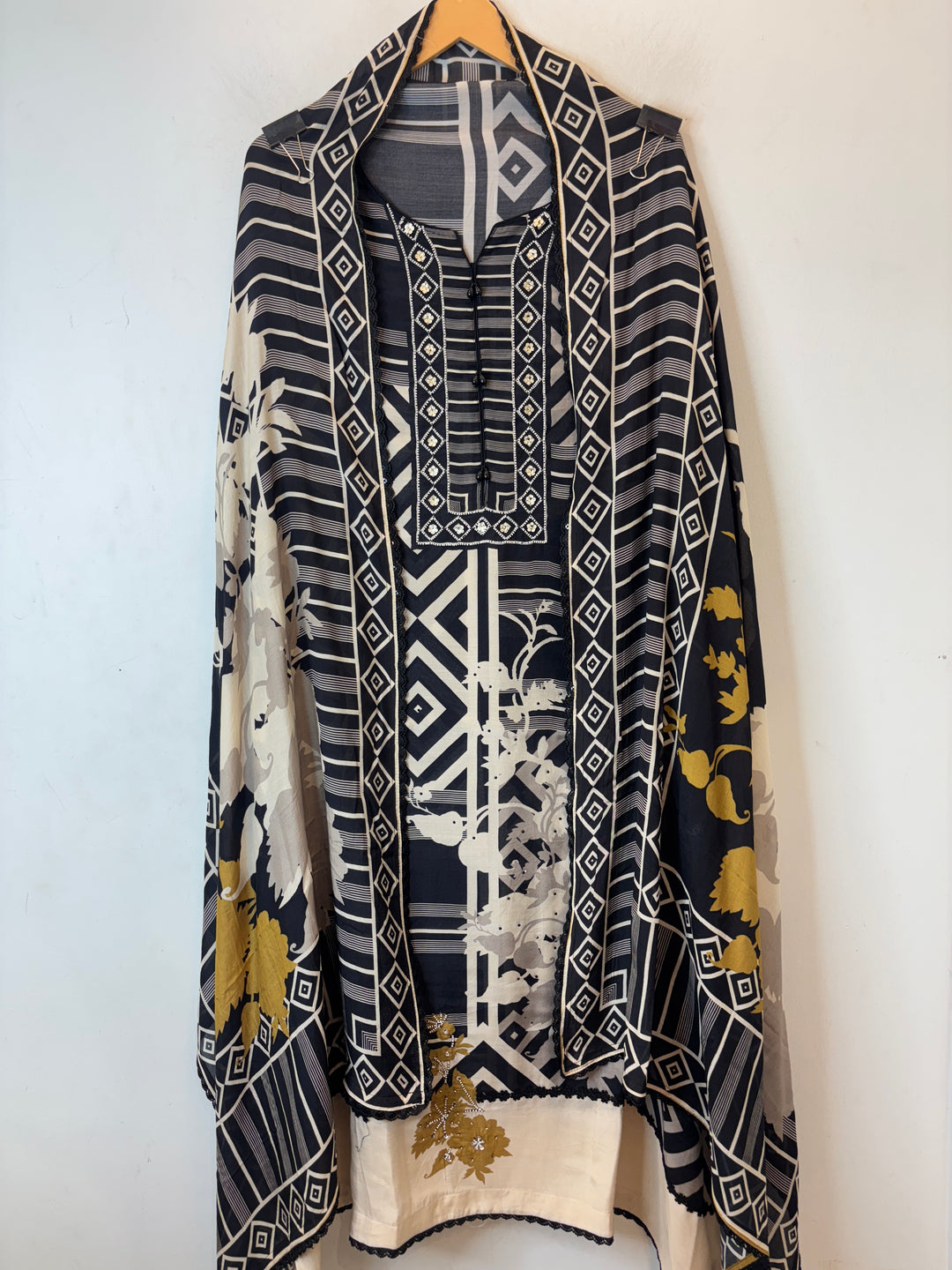 Black Muslin Digital Printed Suit Set with Pearl &amp; Sequin Work