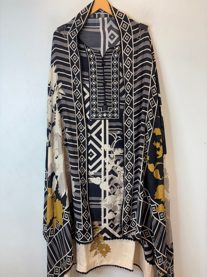 Black Muslin Digital Printed Suit Set with Pearl &amp; Sequin Work