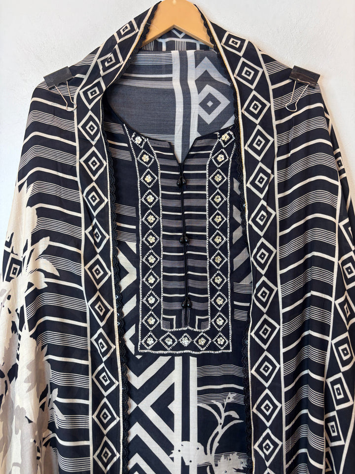 Black Muslin Digital Printed Suit Set with Pearl &amp; Sequin Work