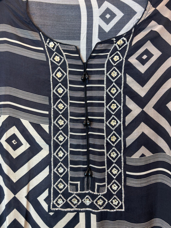 Black Muslin Digital Printed Suit Set with Pearl &amp; Sequin Work