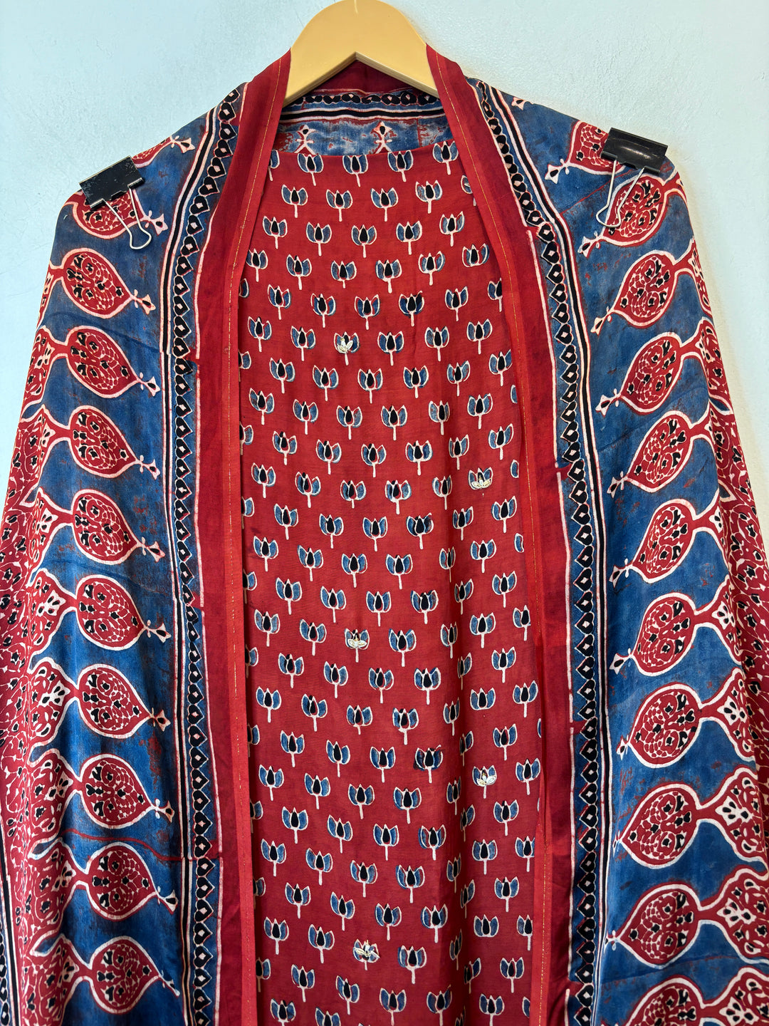 Red &amp; Blue Pattern Ajrakh Modal Mirror Work Suit Set with Cutdana &amp; Pearl Highlights