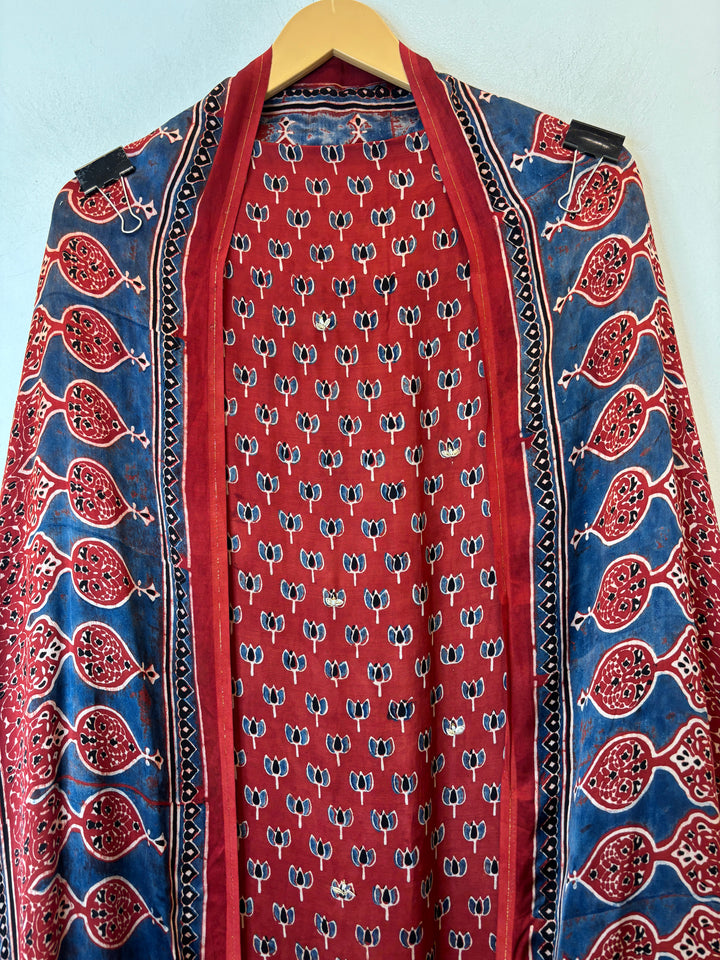 Red &amp; Blue Pattern Ajrakh Modal Mirror Work Suit Set with Cutdana &amp; Pearl Highlights
