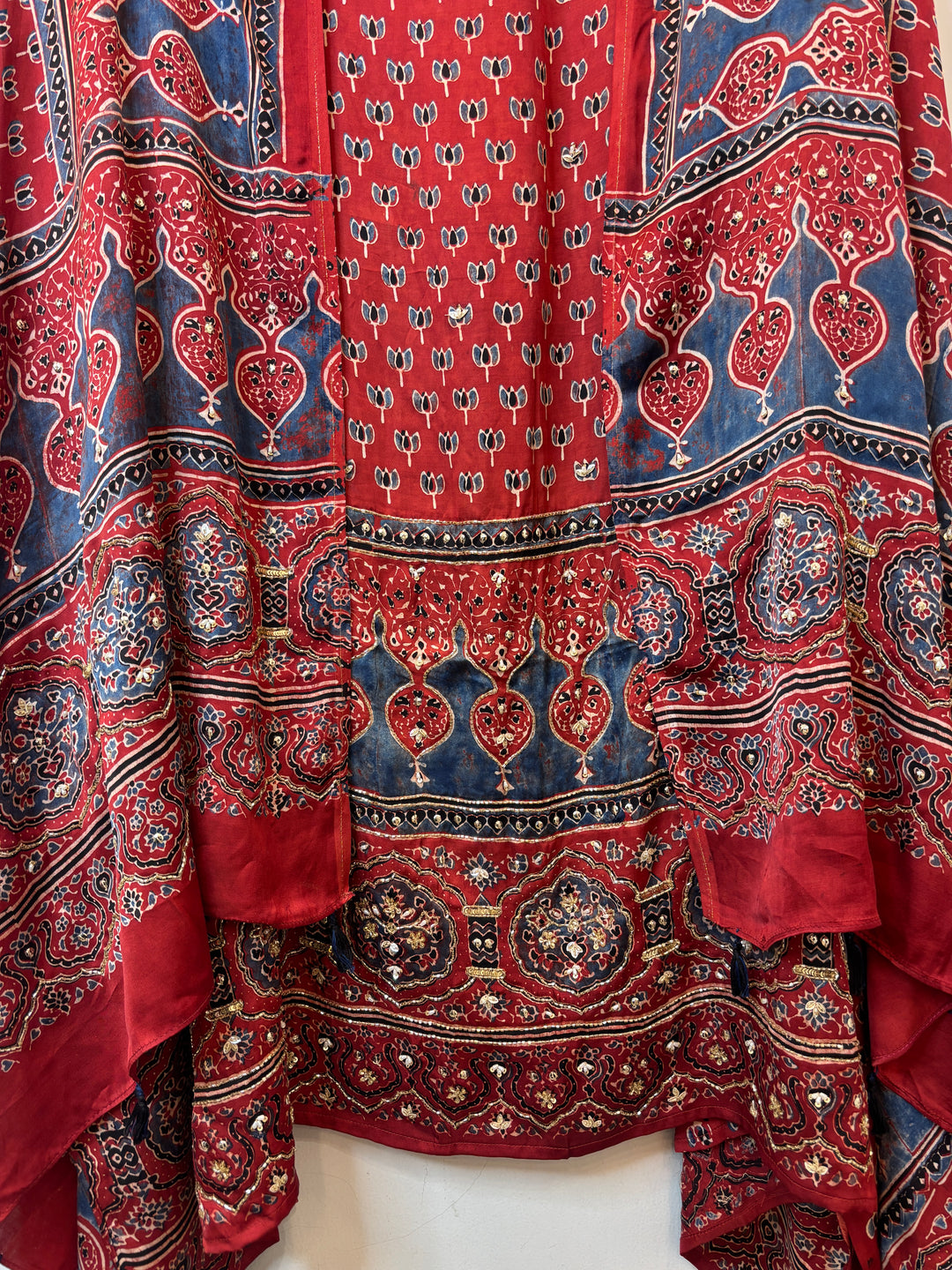 Red &amp; Blue Pattern Ajrakh Modal Mirror Work Suit Set with Cutdana &amp; Pearl Highlights