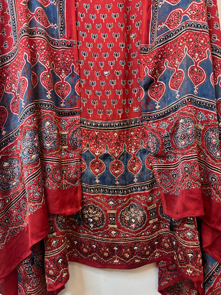 Red &amp; Blue Pattern Ajrakh Modal Mirror Work Suit Set with Cutdana &amp; Pearl Highlights