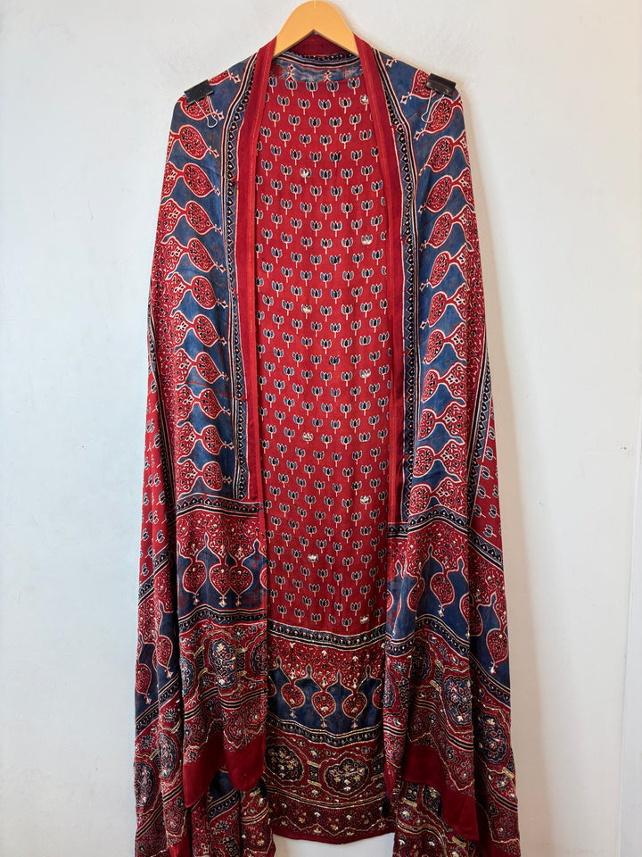 Red &amp; Blue Pattern Ajrakh Modal Mirror Work Suit Set with Cutdana &amp; Pearl Highlights