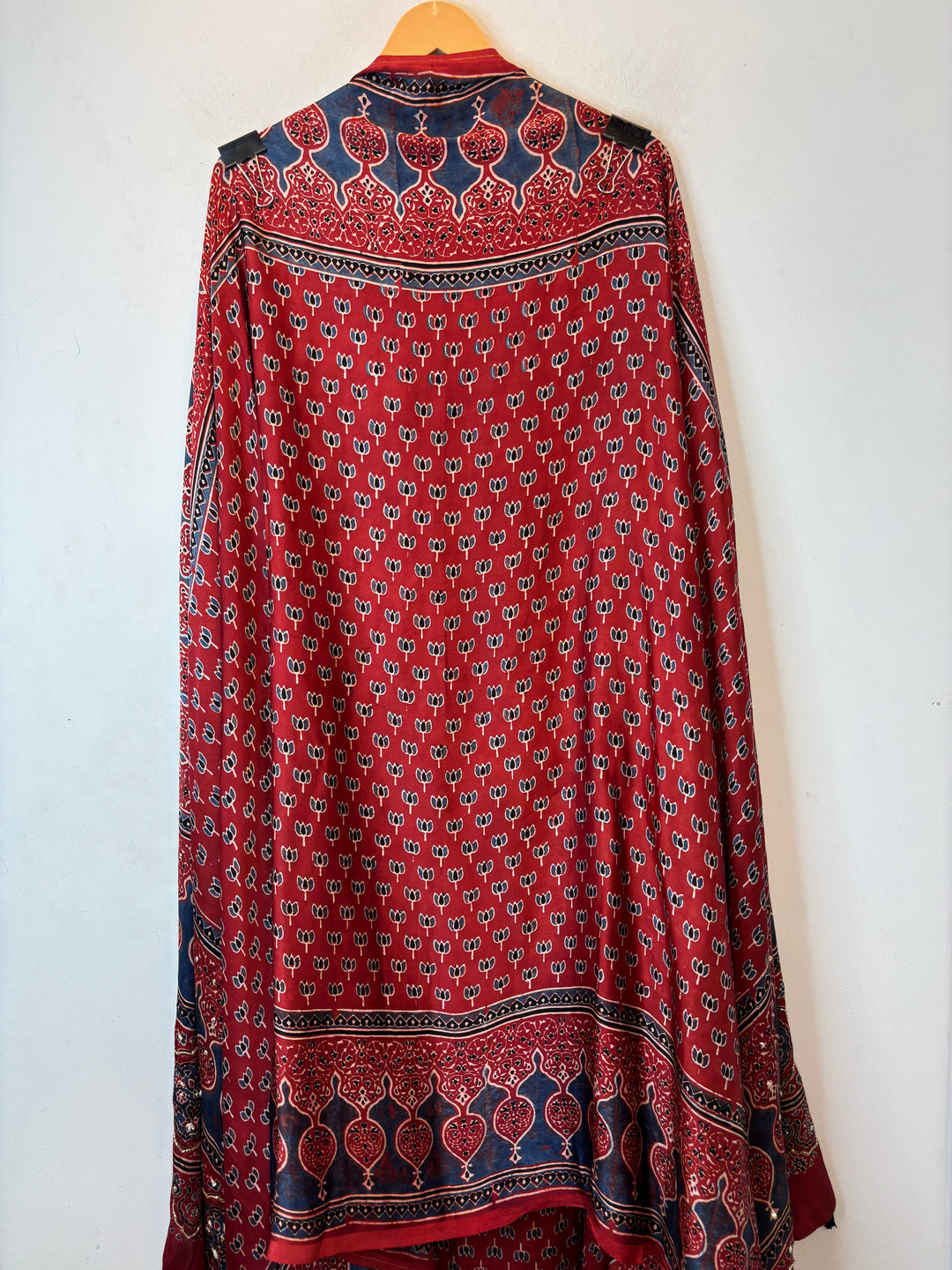 Red &amp; Blue Pattern Ajrakh Modal Mirror Work Suit Set with Cutdana &amp; Pearl Highlights