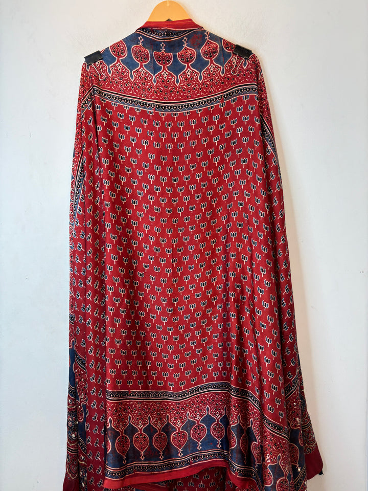 Red &amp; Blue Pattern Ajrakh Modal Mirror Work Suit Set with Cutdana &amp; Pearl Highlights