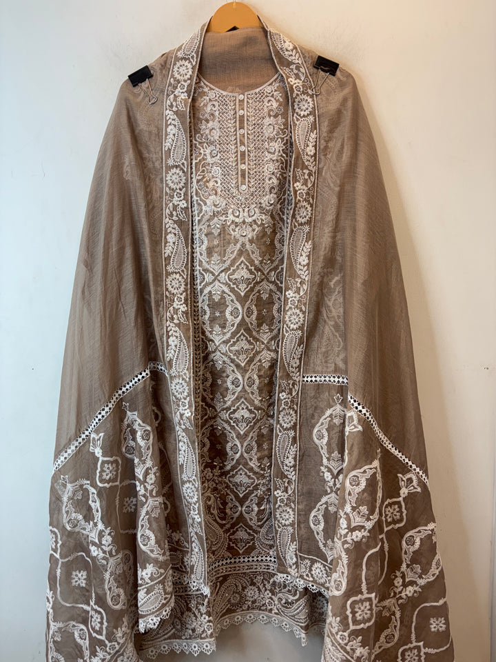 Brown Mul Cotton Heavy Embroidered Suit Set with Zari &amp; Pearl Work