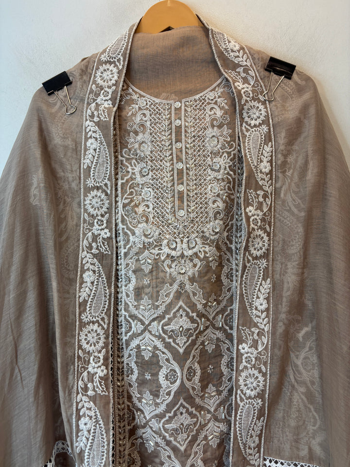 Brown Mul Cotton Heavy Embroidered Suit Set with Zari &amp; Pearl Work