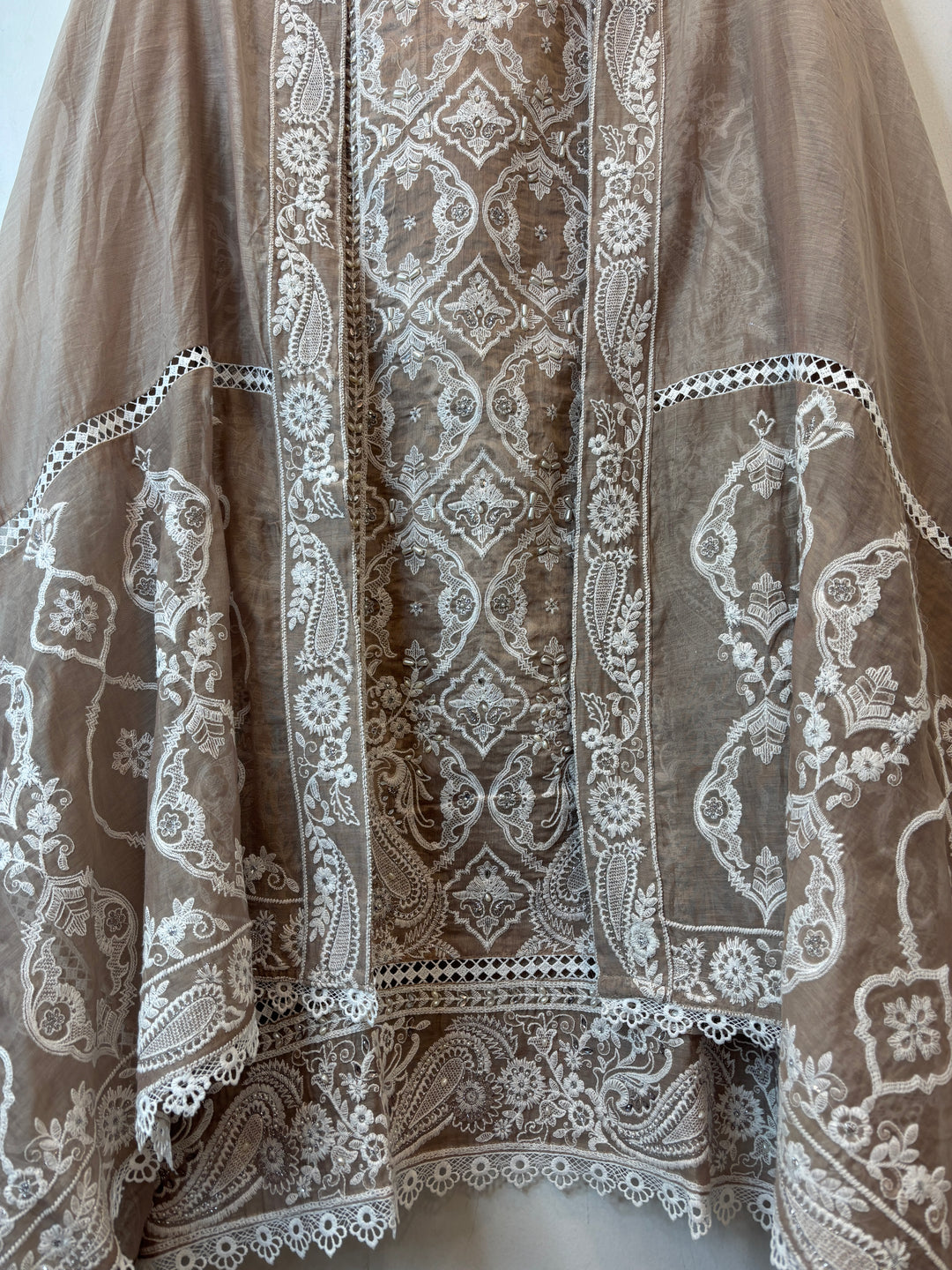 Brown Mul Cotton Heavy Embroidered Suit Set with Zari &amp; Pearl Work