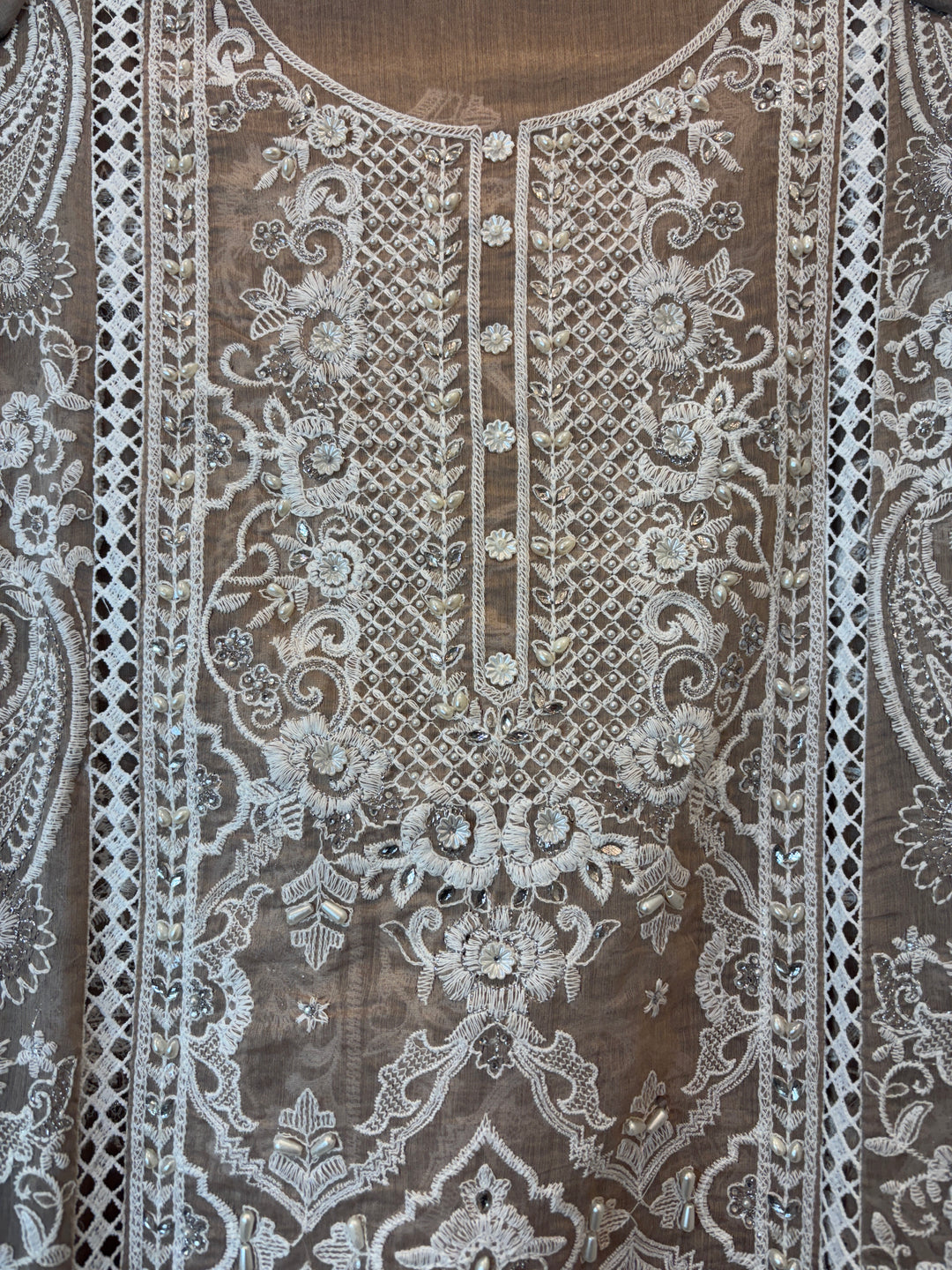 Brown Mul Cotton Heavy Embroidered Suit Set with Zari &amp; Pearl Work
