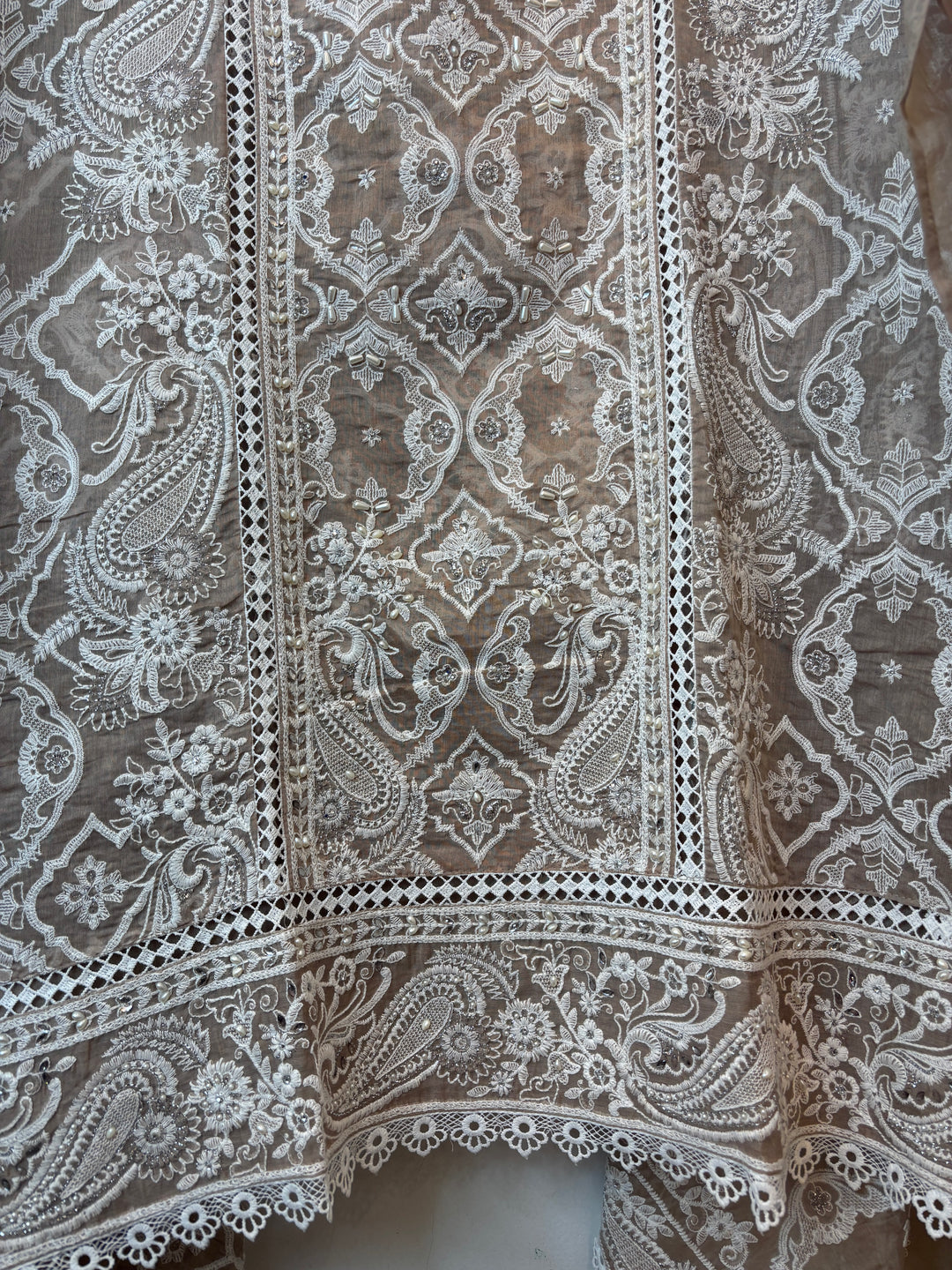 Brown Mul Cotton Heavy Embroidered Suit Set with Zari &amp; Pearl Work