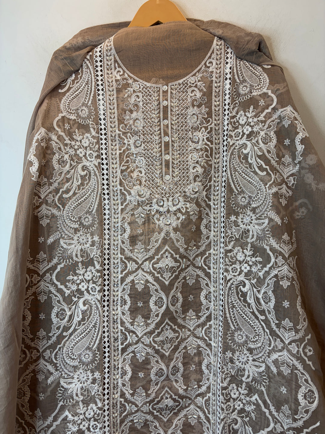 Brown Mul Cotton Heavy Embroidered Suit Set with Zari &amp; Pearl Work
