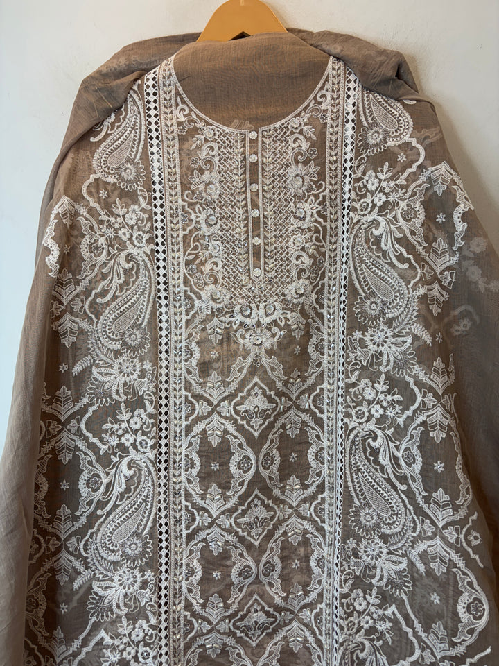 Brown Mul Cotton Heavy Embroidered Suit Set with Zari &amp; Pearl Work