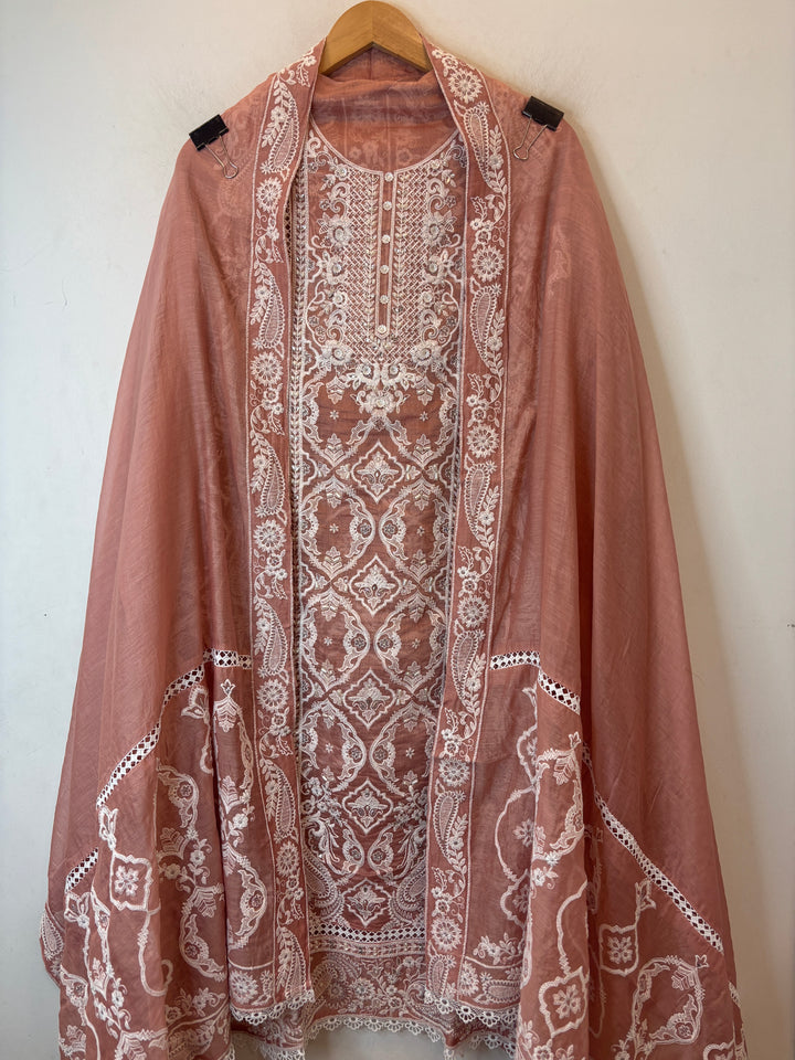 Peach Mul Cotton Heavy Embroidered Suit Set with Zari &amp; Pearl Work