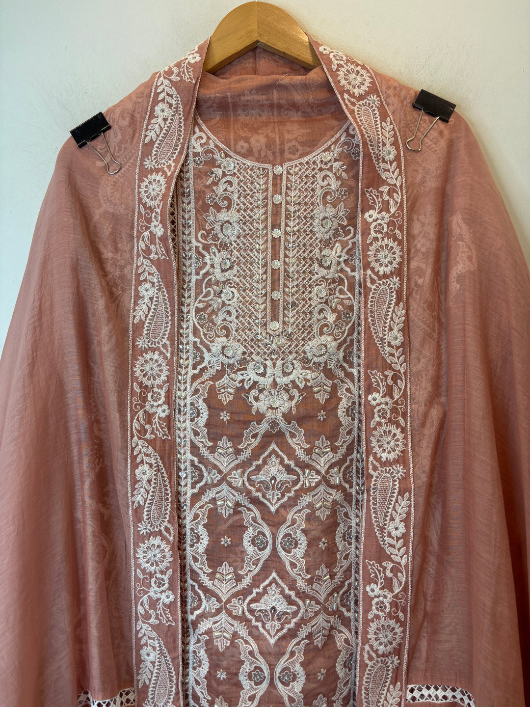 Peach Mul Cotton Heavy Embroidered Suit Set with Zari &amp; Pearl Work