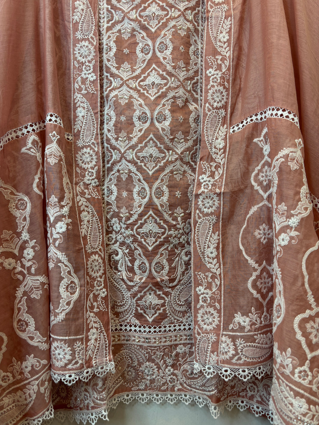 Peach Mul Cotton Heavy Embroidered Suit Set with Zari &amp; Pearl Work