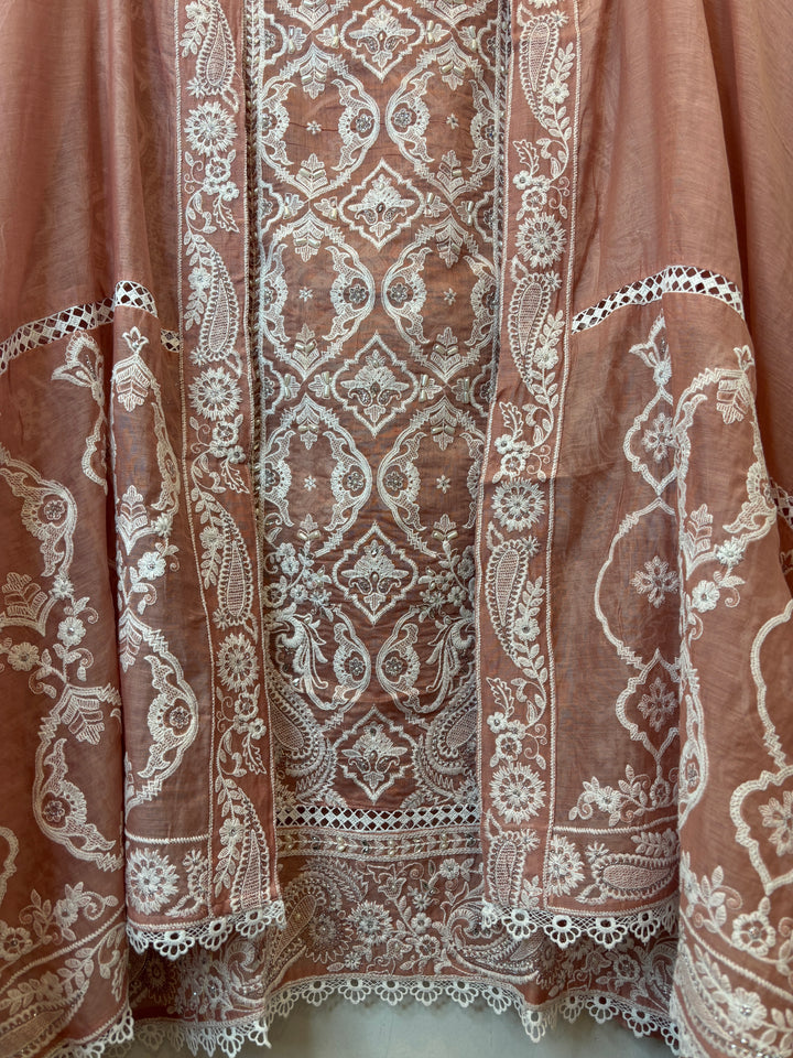 Peach Mul Cotton Heavy Embroidered Suit Set with Zari &amp; Pearl Work
