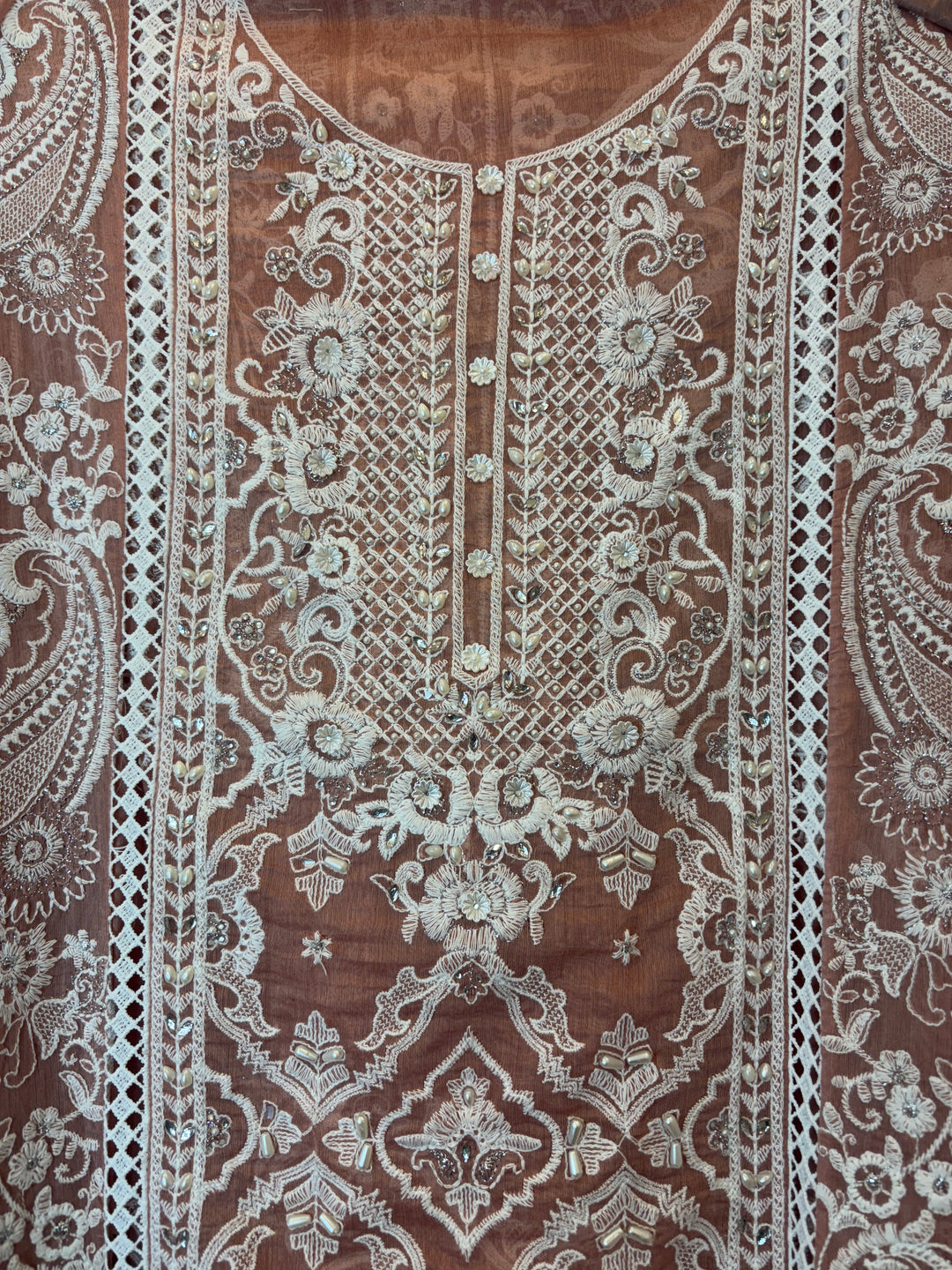 Peach Mul Cotton Heavy Embroidered Suit Set with Zari &amp; Pearl Work