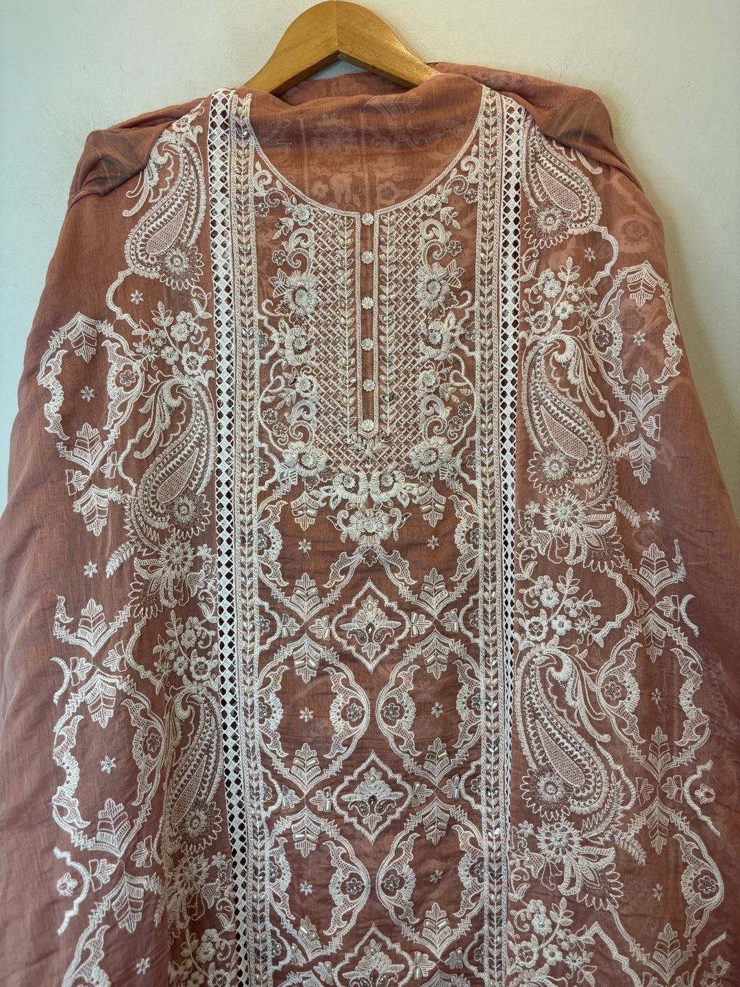 Peach Mul Cotton Heavy Embroidered Suit Set with Zari &amp; Pearl Work