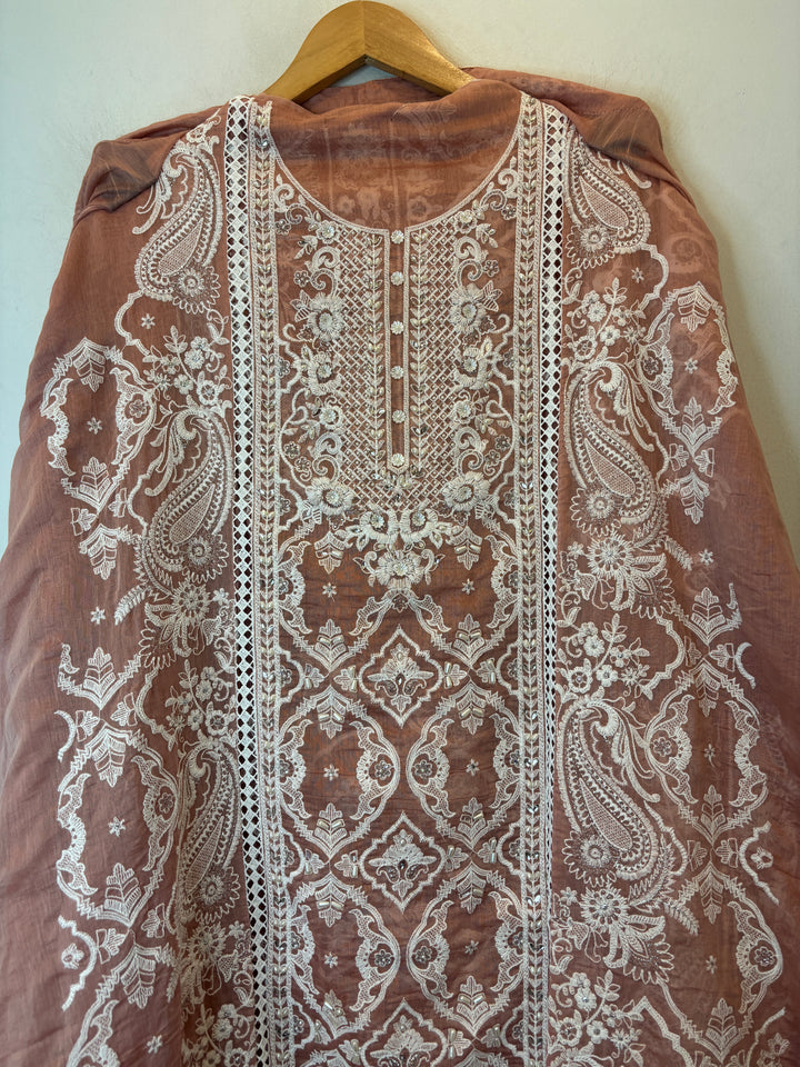 Peach Mul Cotton Heavy Embroidered Suit Set with Zari &amp; Pearl Work