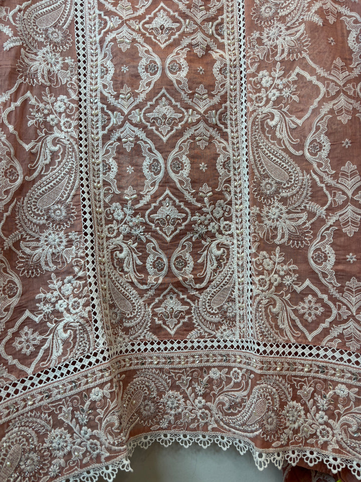 Brown Mul Cotton Heavy Embroidered Suit Set with Zari &amp; Pearl Work