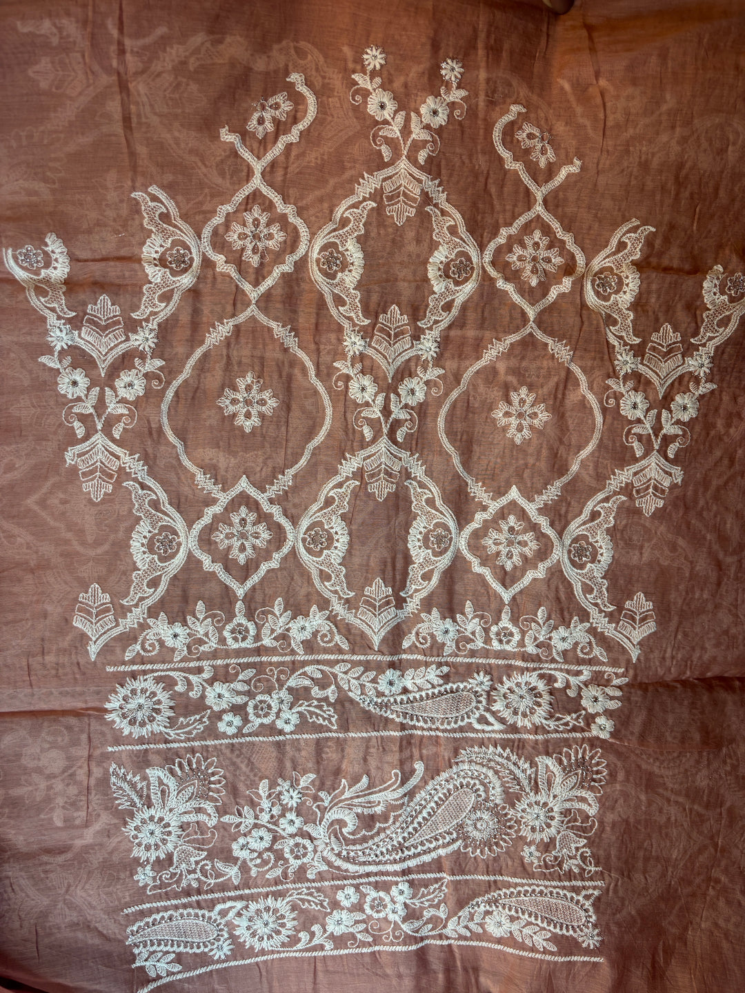Peach Mul Cotton Heavy Embroidered Suit Set with Zari &amp; Pearl Work