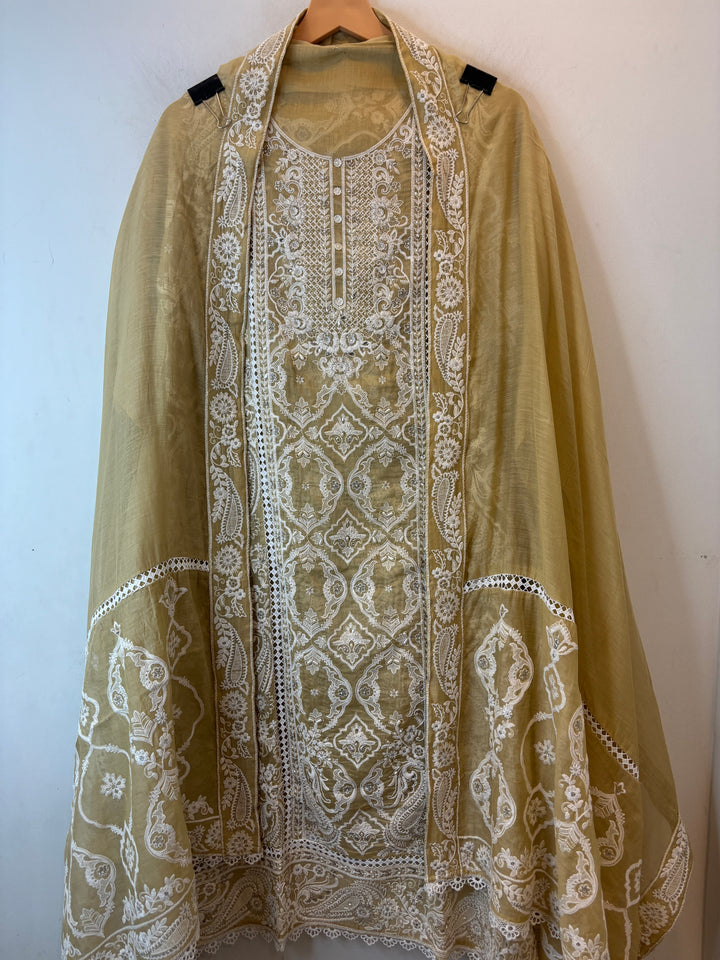 Yellow Mul Cotton Heavy Embroidered Suit Set with Zari &amp; Pearl Work