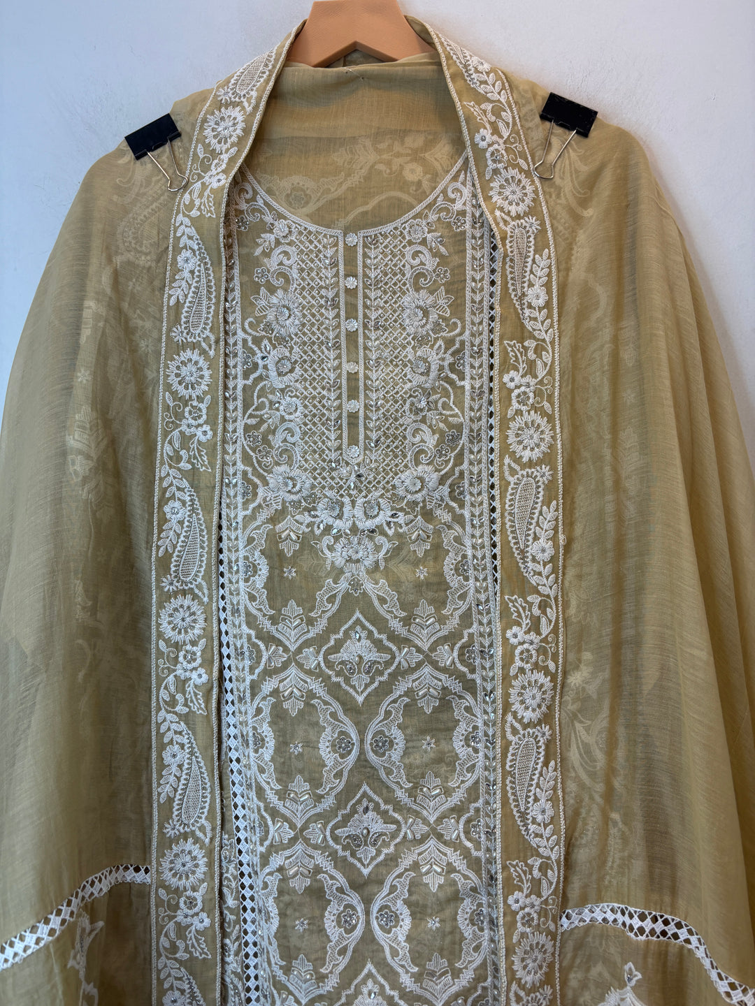 Yellow Mul Cotton Heavy Embroidered Suit Set with Zari &amp; Pearl Work