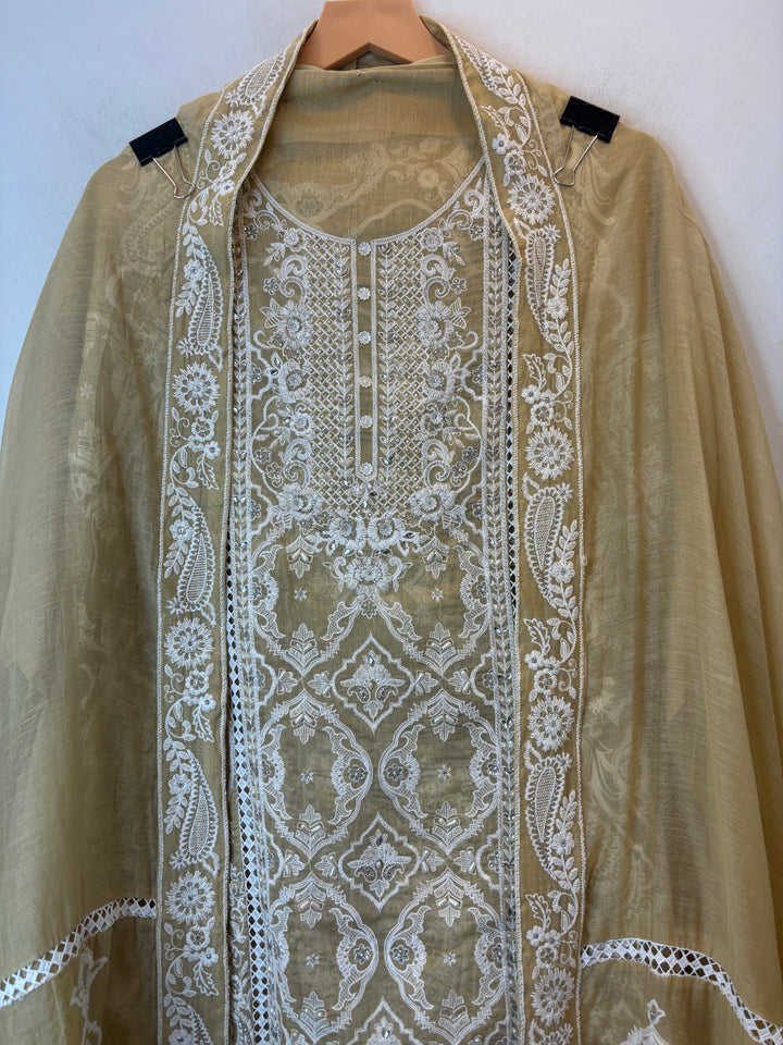 Yellow Mul Cotton Heavy Embroidered Suit Set with Zari &amp; Pearl Work