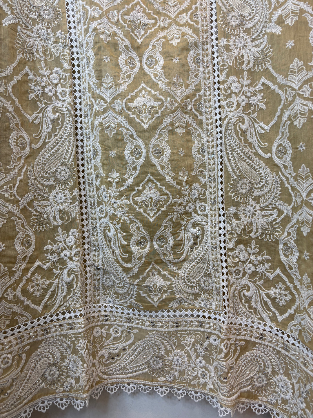 Yellow Mul Cotton Heavy Embroidered Suit Set with Zari &amp; Pearl Work