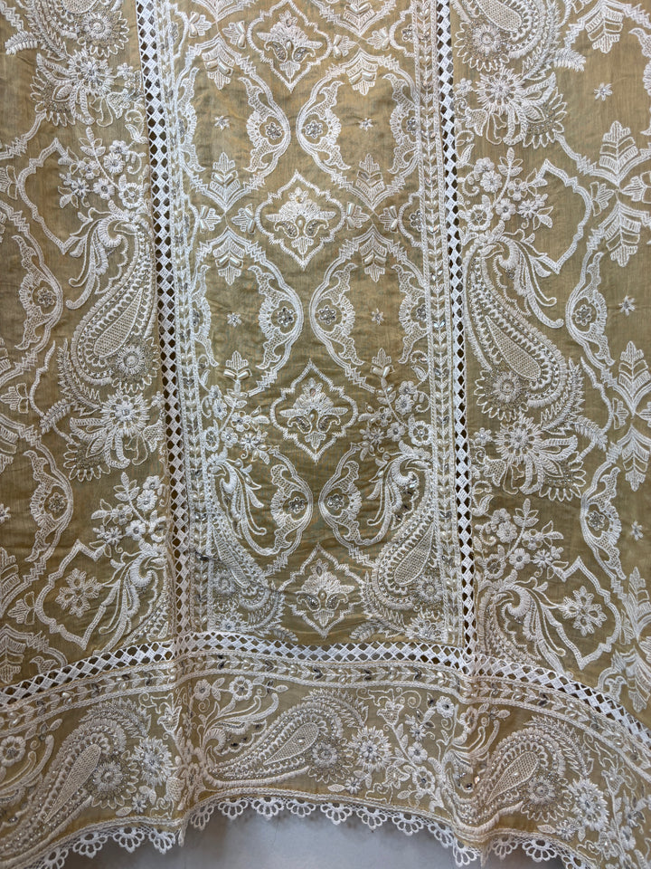 Yellow Mul Cotton Heavy Embroidered Suit Set with Zari &amp; Pearl Work