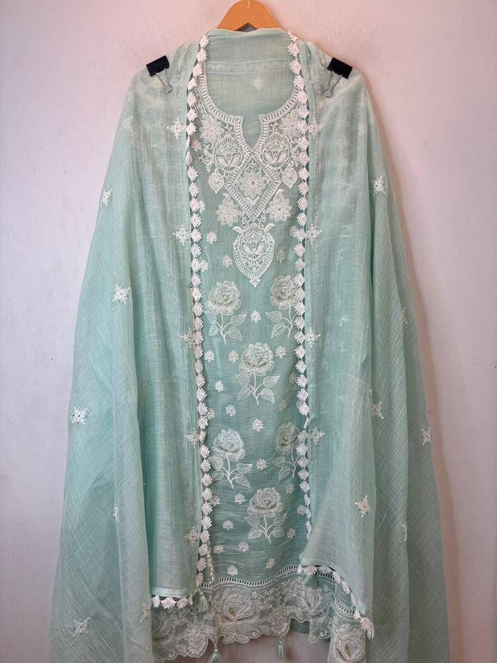 Blue Mul Cotton Embroidered Suit Set with Cutwork &amp; Tassel Detailing