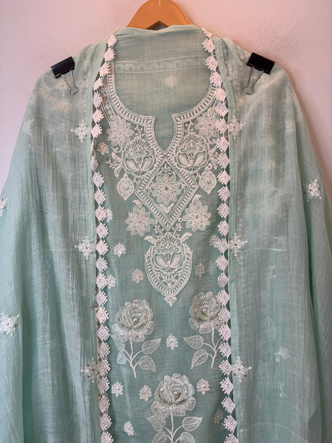 Blue Mul Cotton Embroidered Suit Set with Cutwork &amp; Tassel Detailing
