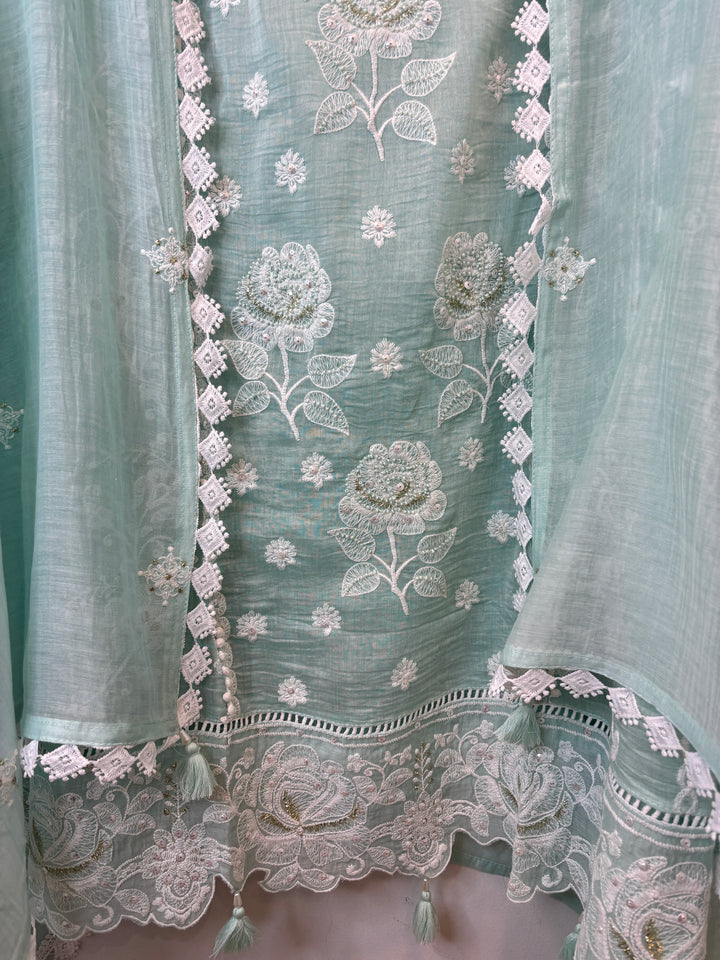 Blue Mul Cotton Embroidered Suit Set with Cutwork &amp; Tassel Detailing