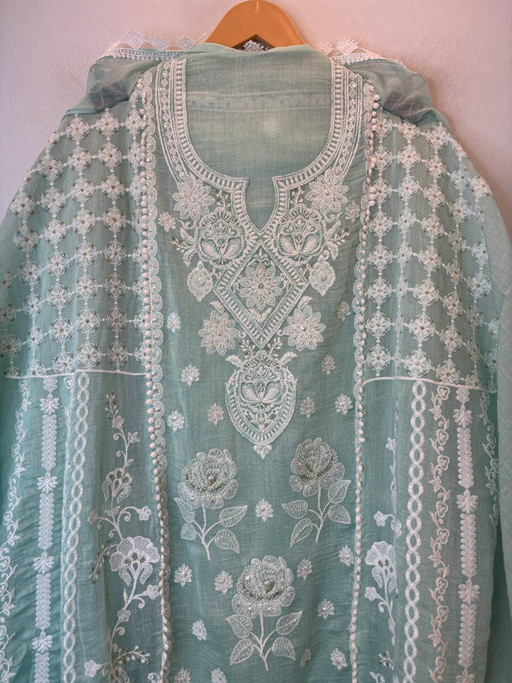 Blue Mul Cotton Embroidered Suit Set with Cutwork &amp; Tassel Detailing