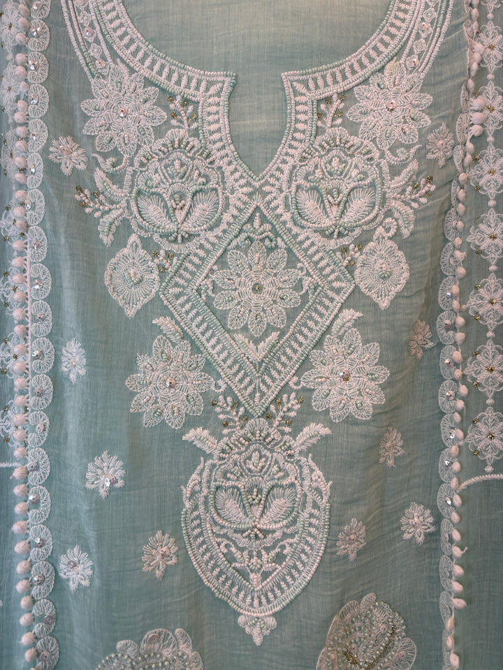 Blue Mul Cotton Embroidered Suit Set with Cutwork &amp; Tassel Detailing