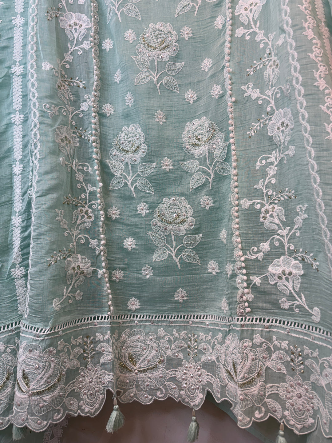 Blue Mul Cotton Embroidered Suit Set with Cutwork &amp; Tassel Detailing