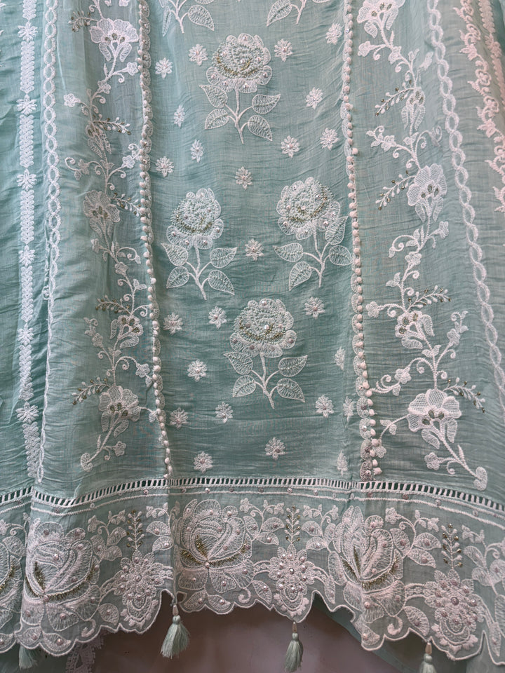 Blue Mul Cotton Embroidered Suit Set with Cutwork &amp; Tassel Detailing