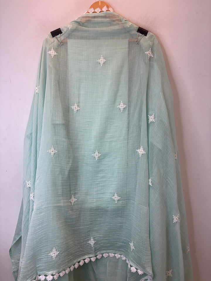 Blue Mul Cotton Embroidered Suit Set with Cutwork &amp; Tassel Detailing