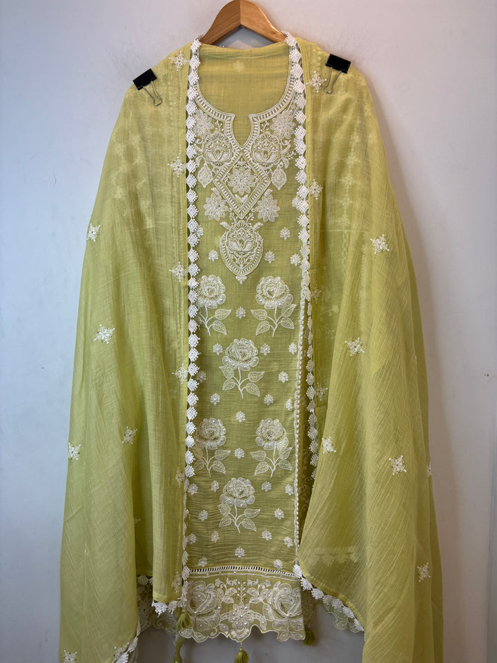 Green Mul Cotton Embroidered Suit Set with Cutwork &amp; Tassel Detailing