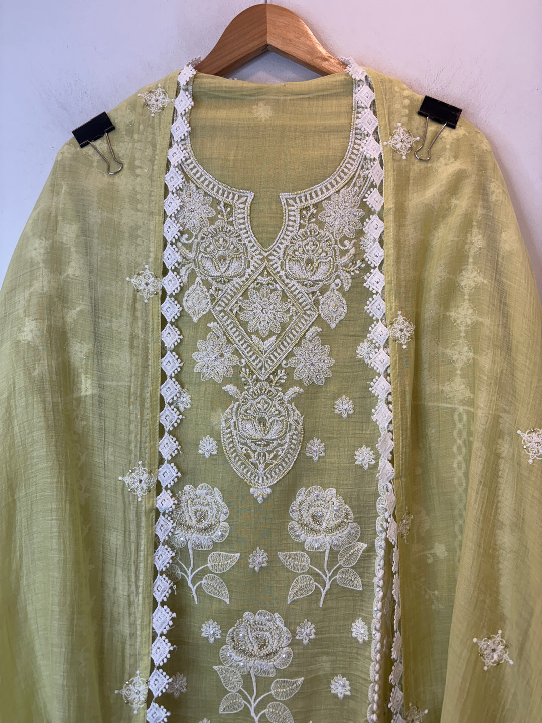 Green Mul Cotton Embroidered Suit Set with Cutwork &amp; Tassel Detailing