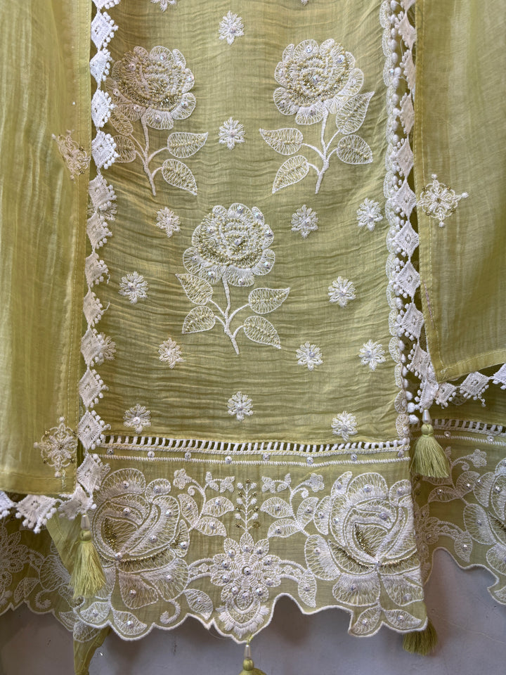 Green Mul Cotton Embroidered Suit Set with Cutwork &amp; Tassel Detailing