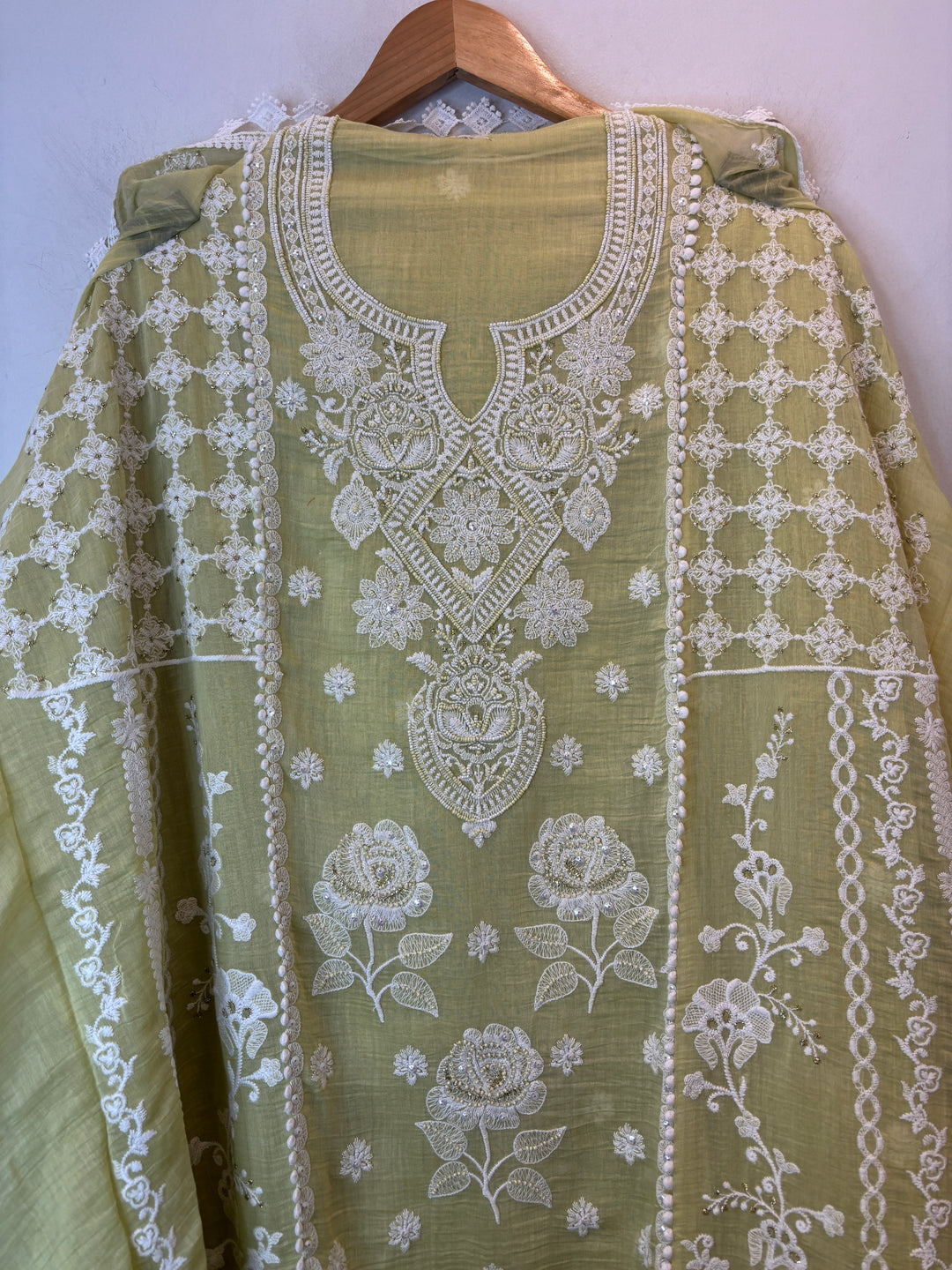 Green Mul Cotton Embroidered Suit Set with Cutwork &amp; Tassel Detailing