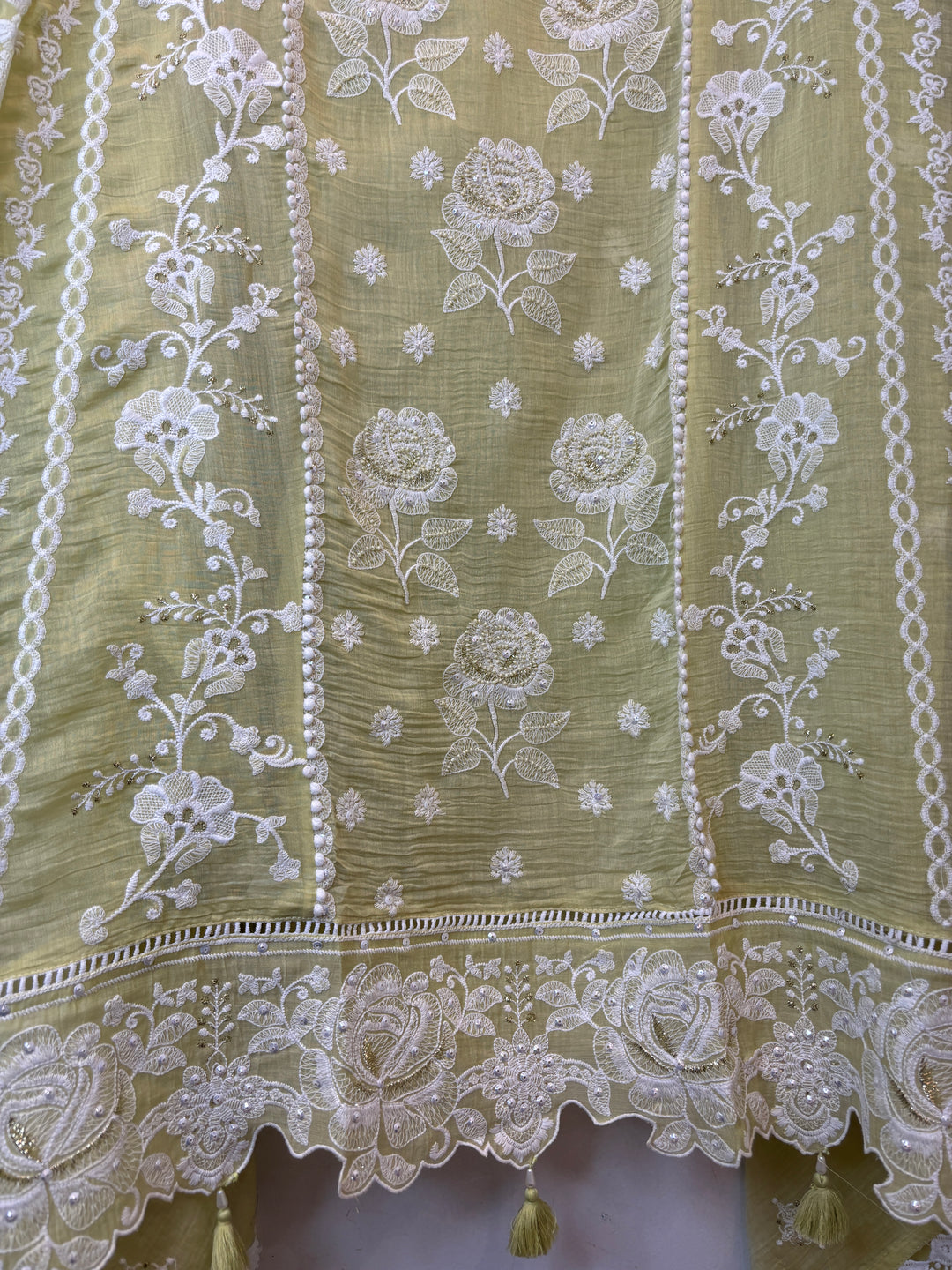 Green Mul Cotton Embroidered Suit Set with Cutwork &amp; Tassel Detailing