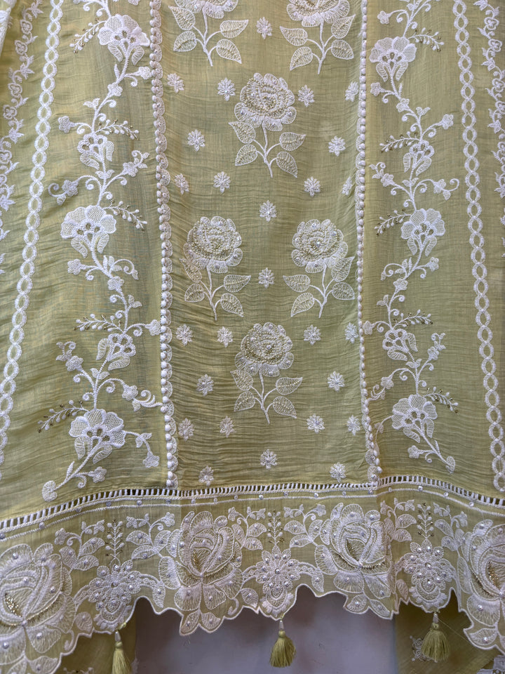 Green Mul Cotton Embroidered Suit Set with Cutwork &amp; Tassel Detailing