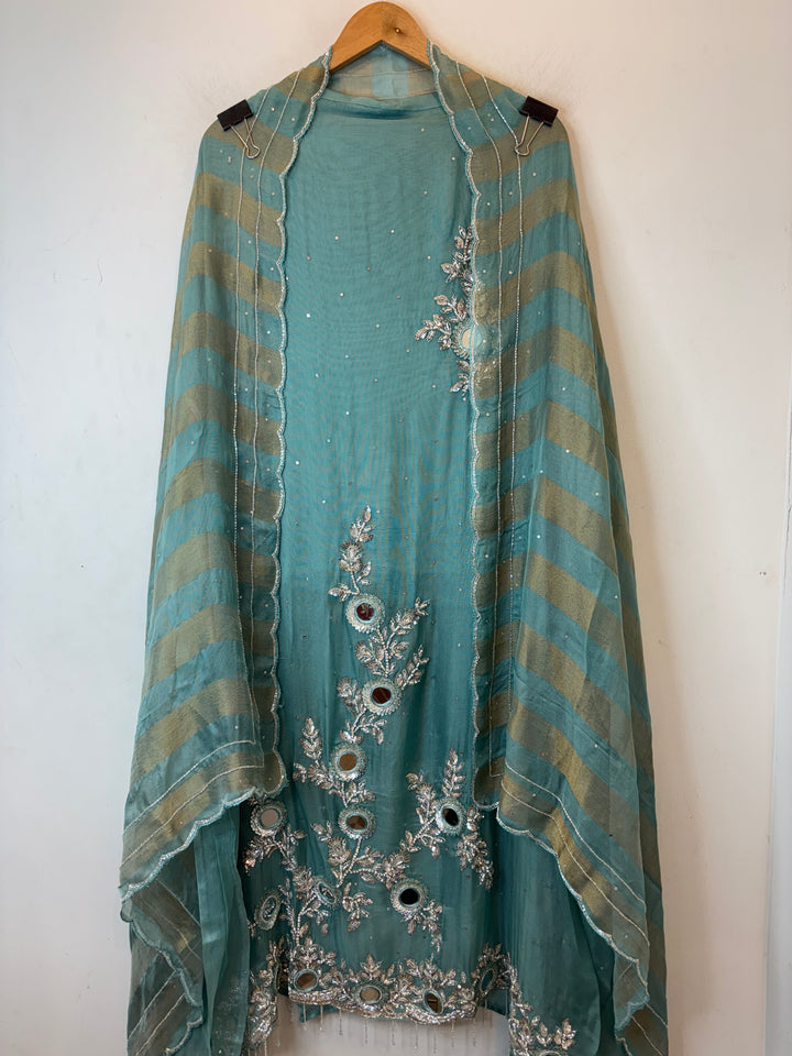 Blue Tissue Burberry Suit Set with Mirror &amp; 3D Sequin Work