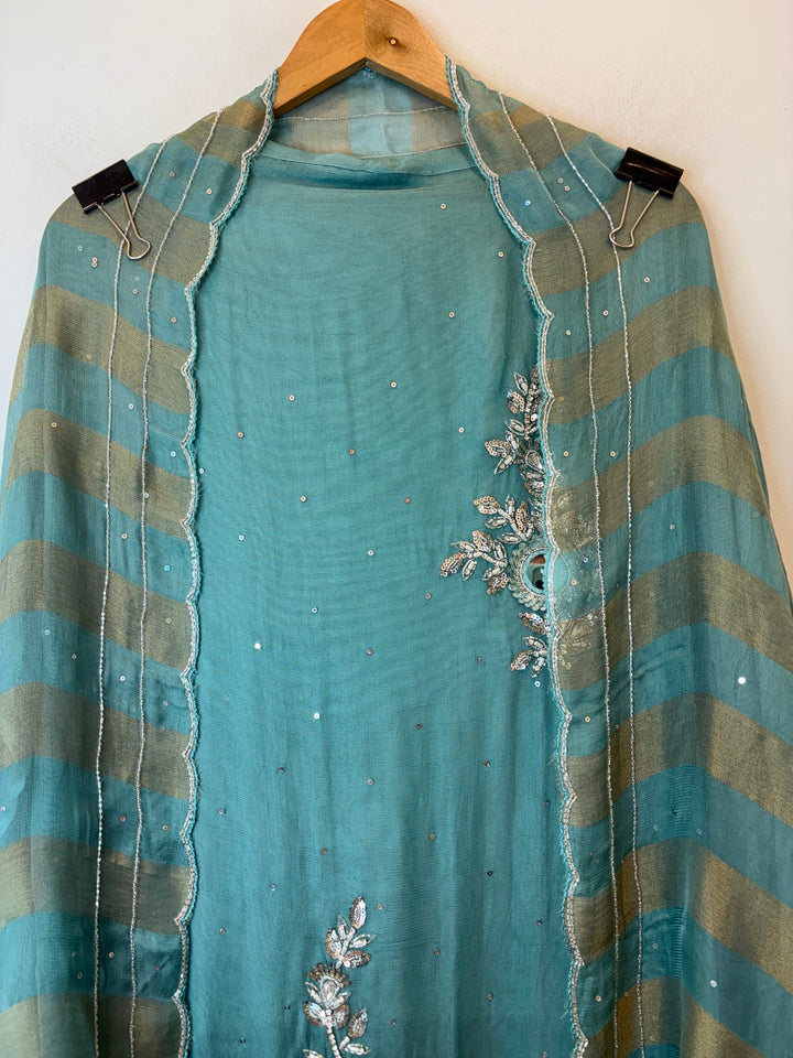 Blue Tissue Burberry Suit Set with Mirror &amp; 3D Sequin Work